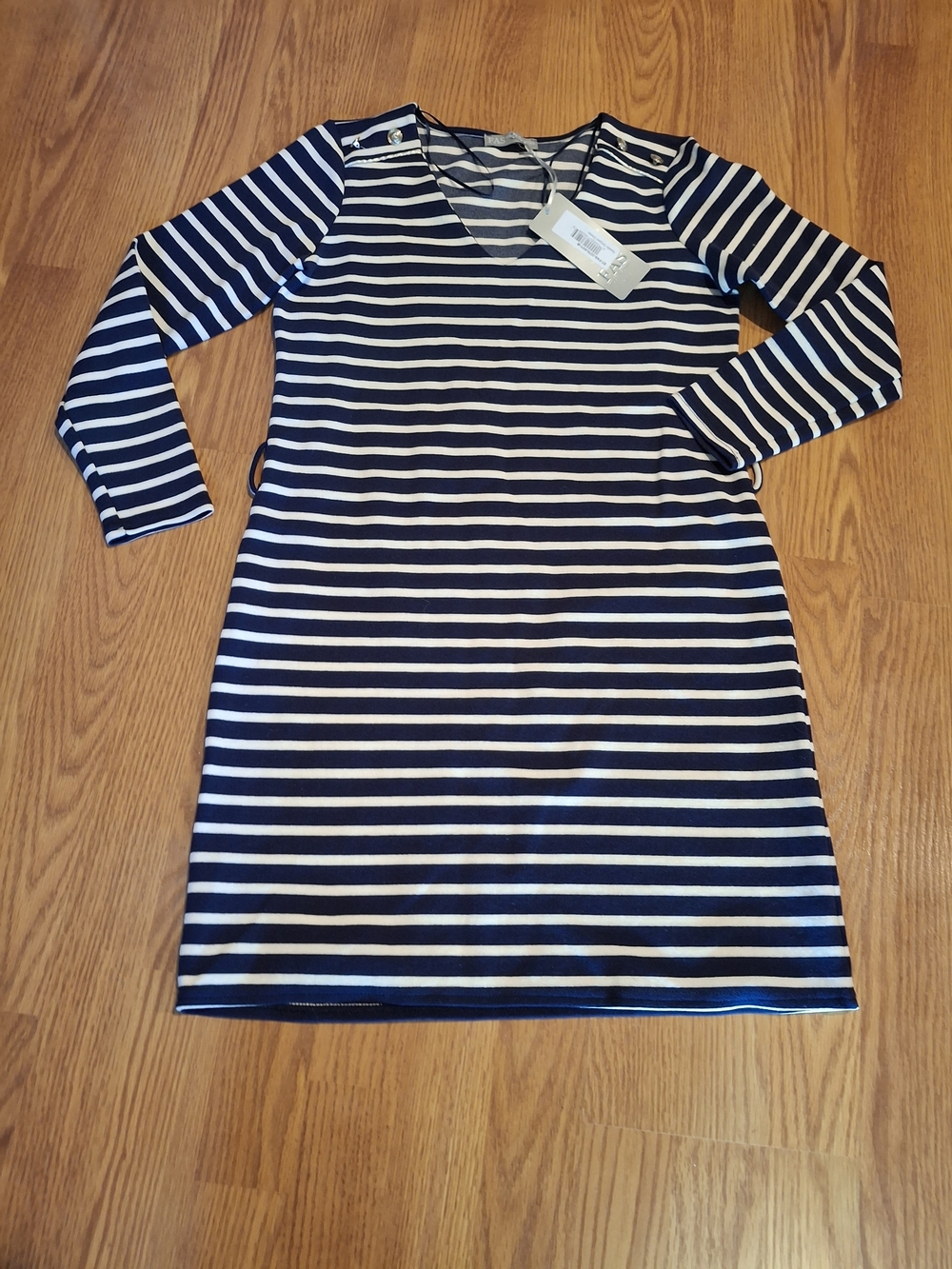 Striped Navy and White V-Neck Long Sleeve Dress